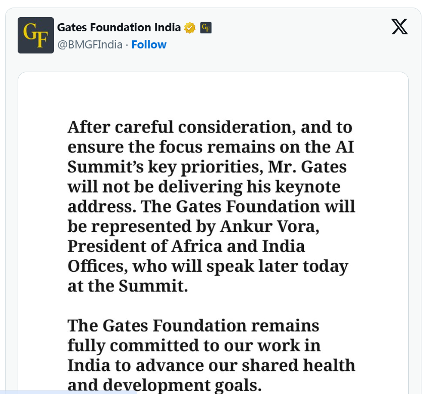 ಎಪ್‌ಸ್ಟೈನ್‌ ವಿವಾದ: ಇಂಡಿಯಾ AI ಇಂಪ್ಯಾಕ್ಟ್ ಶೃಂಗಸಭೆಗೆ ಬಿಲ್ ಗೇಟ್ಸ್ ಗೈರು