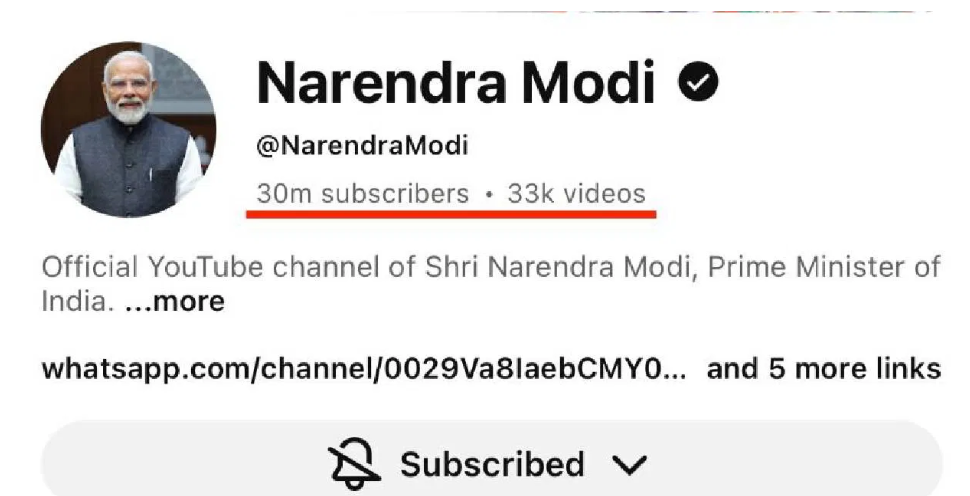 ಇನ್​​ಸ್ಟಾಗ್ರಾಂ ಆಯ್ತು ಈಗ ಯೂಟ್ಯೂಬ್​ನಲ್ಲೂ ದಾಖಲೆ ಬರೆದ ಪ್ರಧಾನಿ ಮೋದಿ